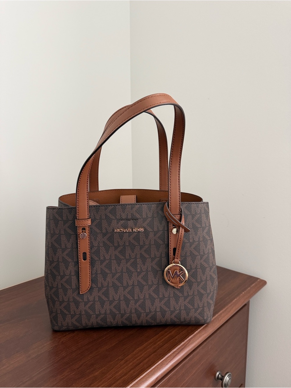 Brand New, Never Used. Michael Kors Brown MK Monogram Tote with Tan Leather Trim
